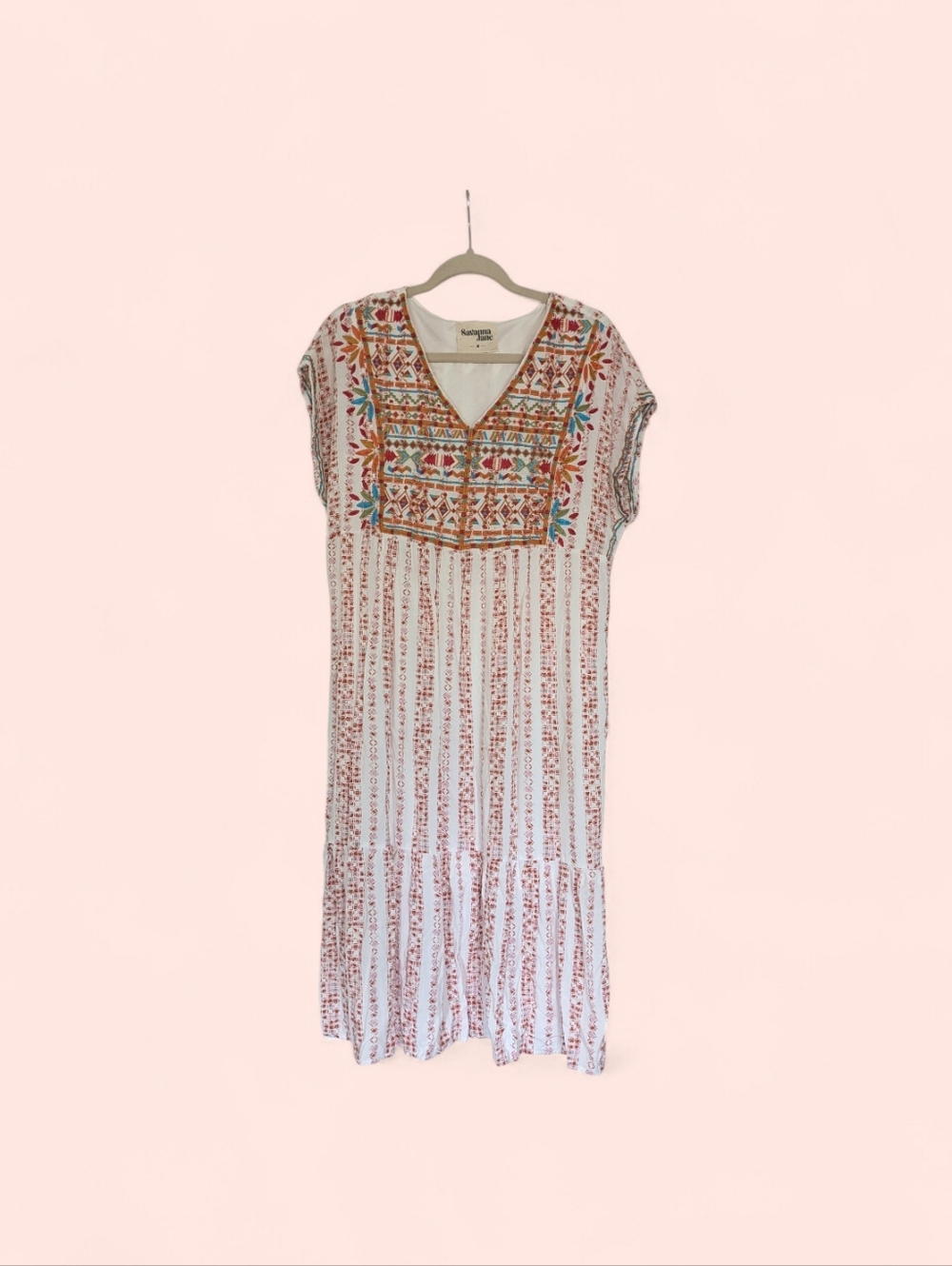 Savanna Jane Embroidered Dress Colorful Cap Sleeves LINED Boho Women's Medium